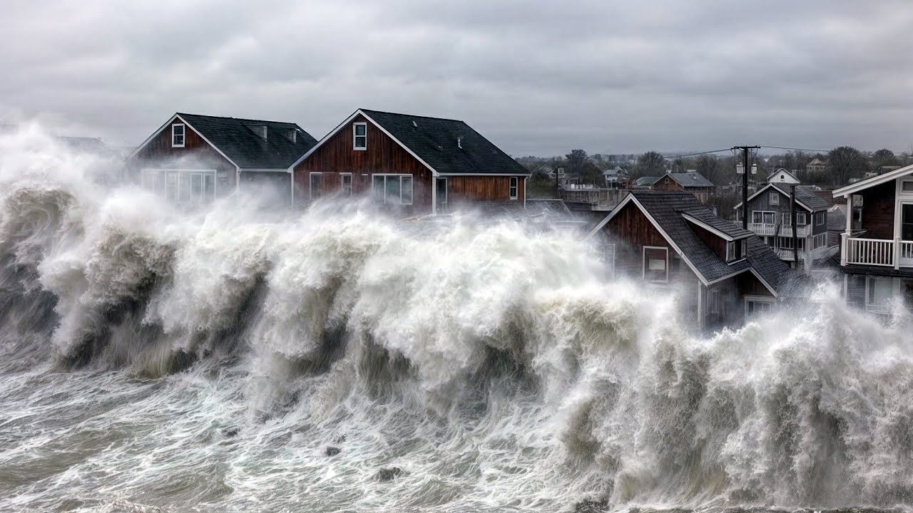 カメラが捉えた巨大波　嵐の中の船、人、家屋
